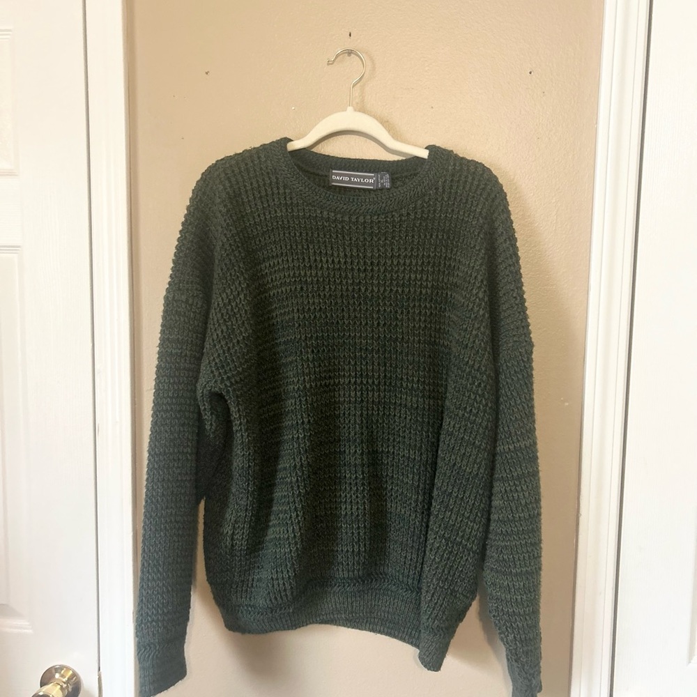 David Taylor Green Blue Waffle Fisherman Knit Sweater Men XL Pullover Crew Neck